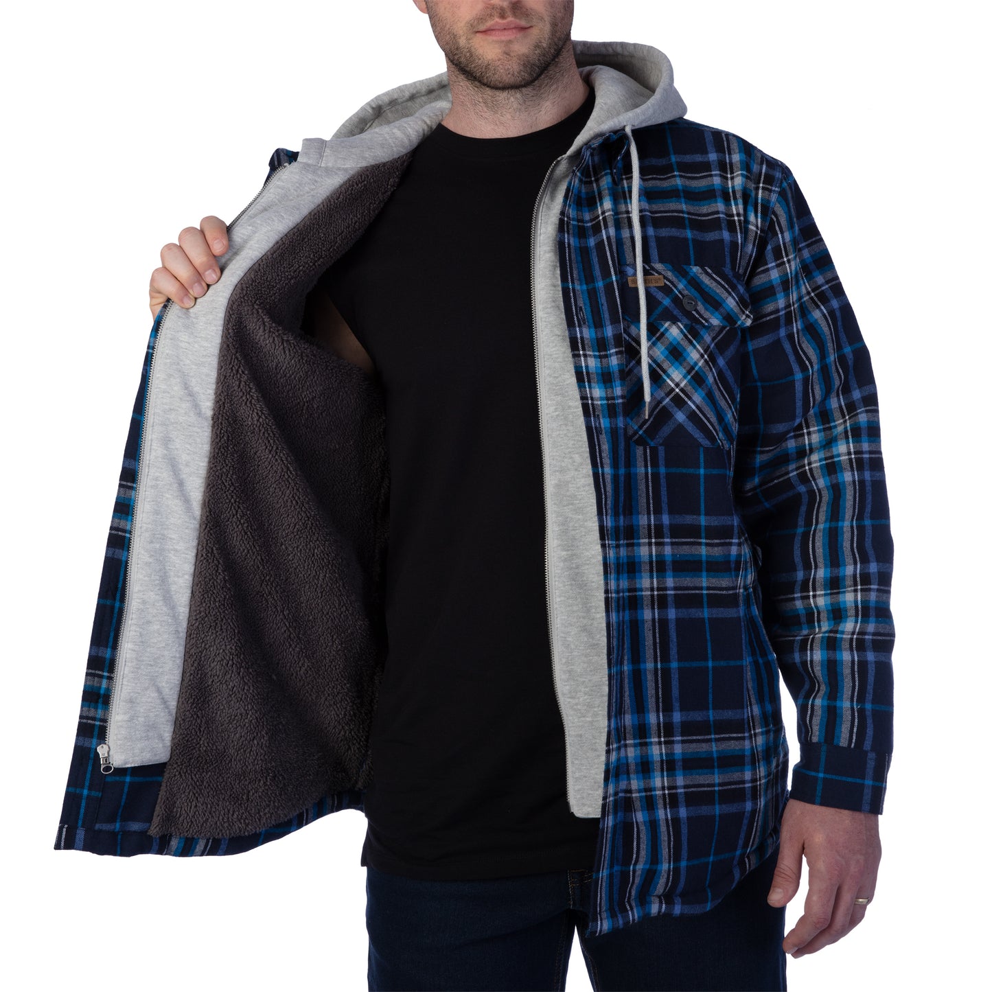 MENS SHERPA LINED HOODED FLANNEL JKT