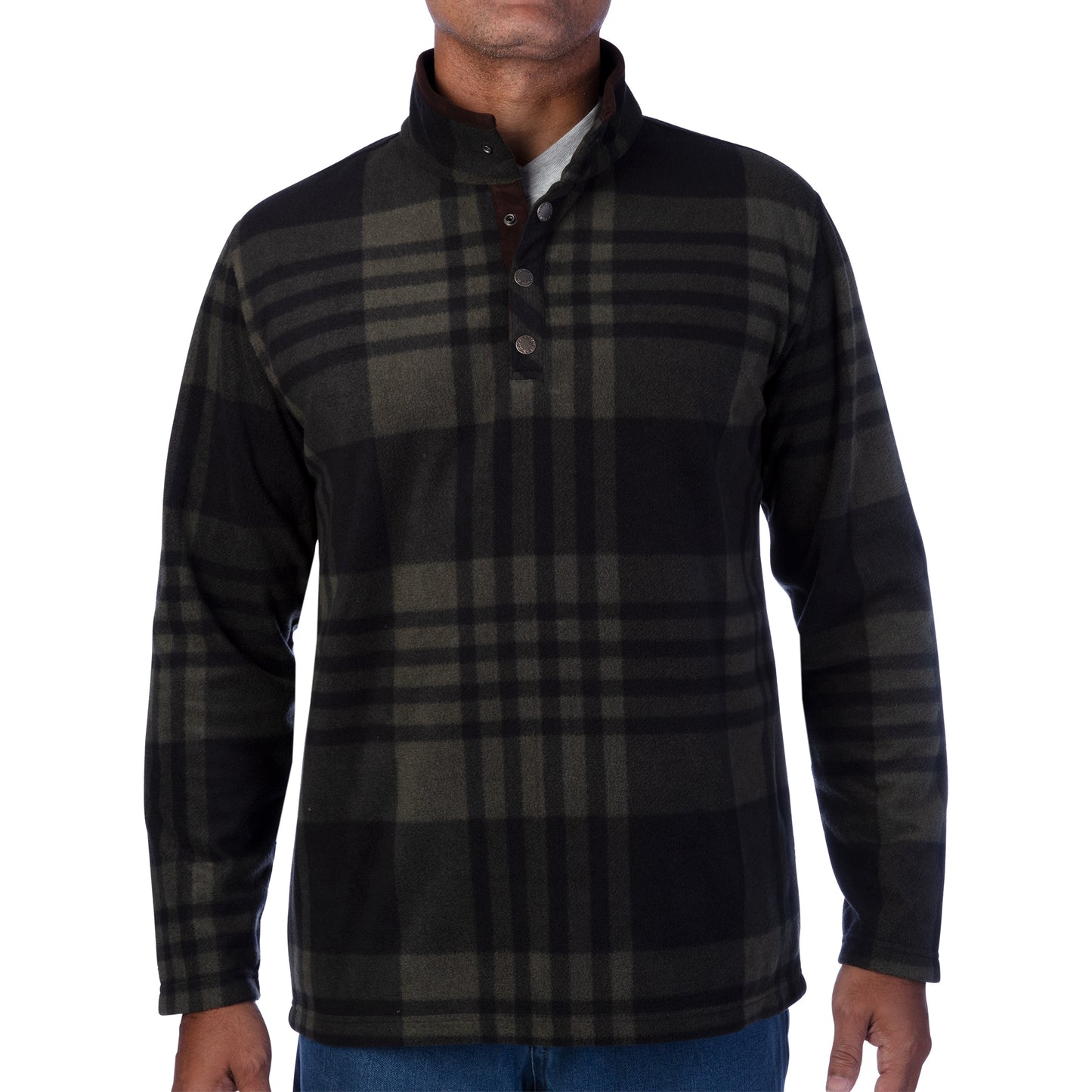 MENS PRINTED MOCRO FLEECE HENLEY WITH SUEDE FAUX NECK TRIM