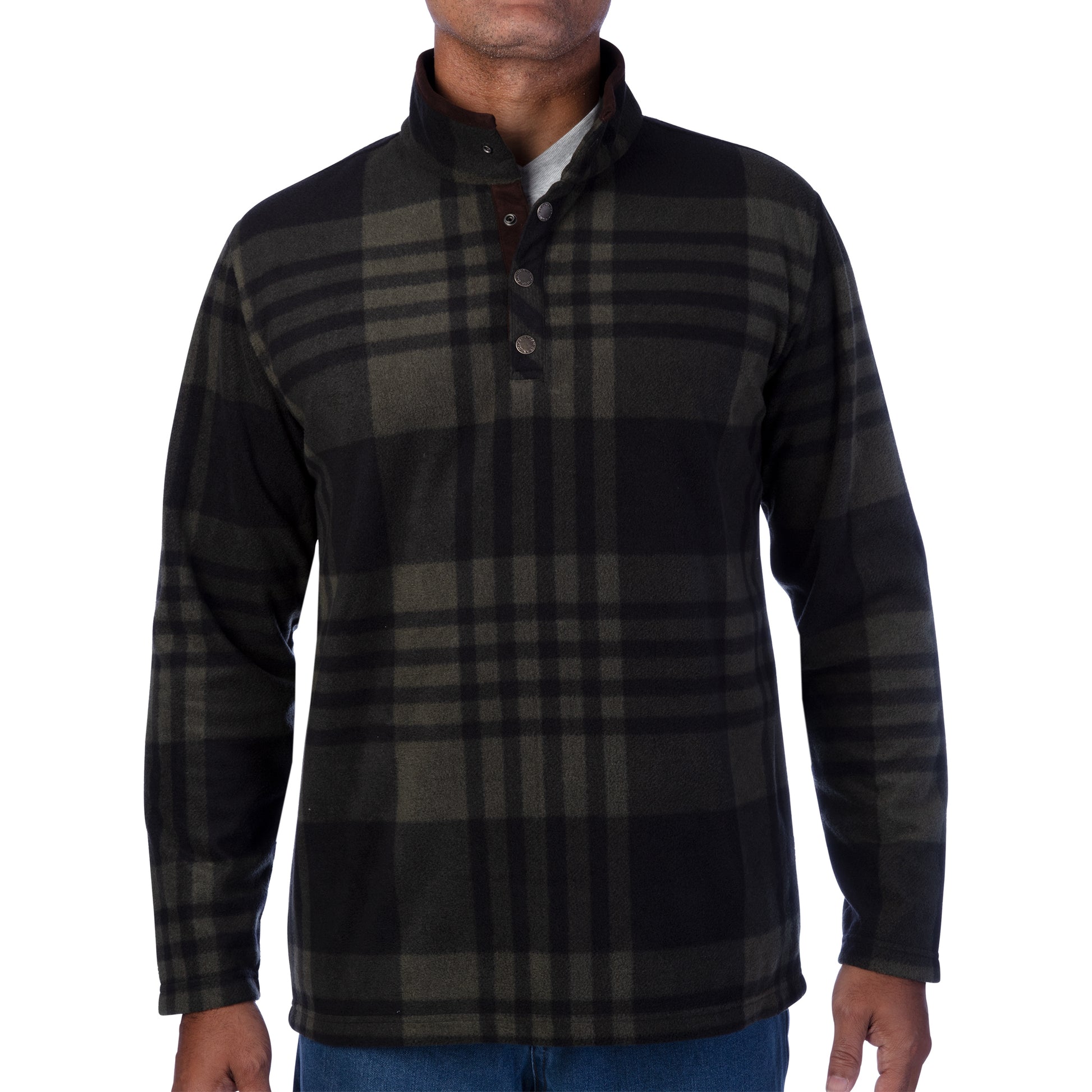 MENS PRINTED MOCRO FLEECE HENLEY WITH SUEDE FAUX NECK TRIM