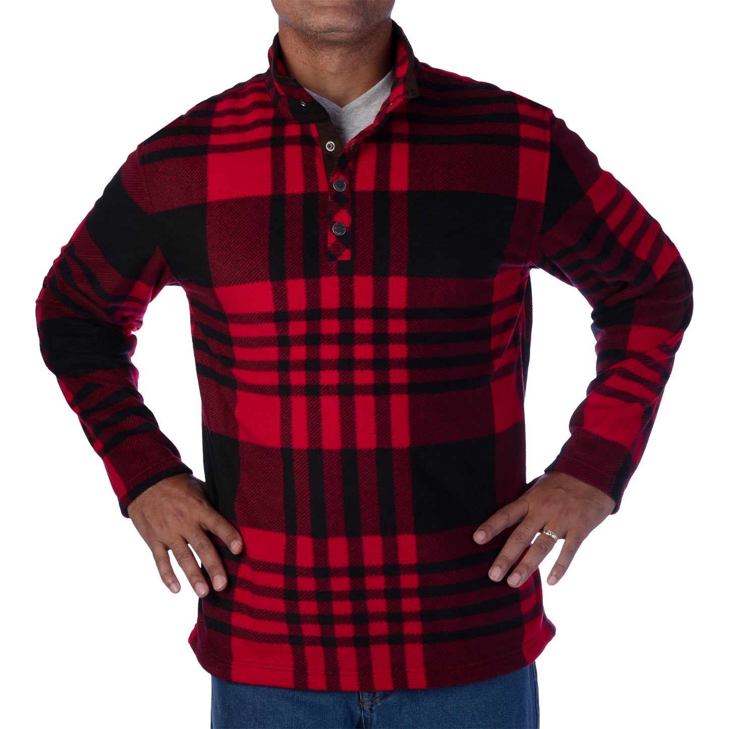 MENS PRINTED MOCRO FLEECE HENLEY WITH SUEDE FAUX NECK TRIM