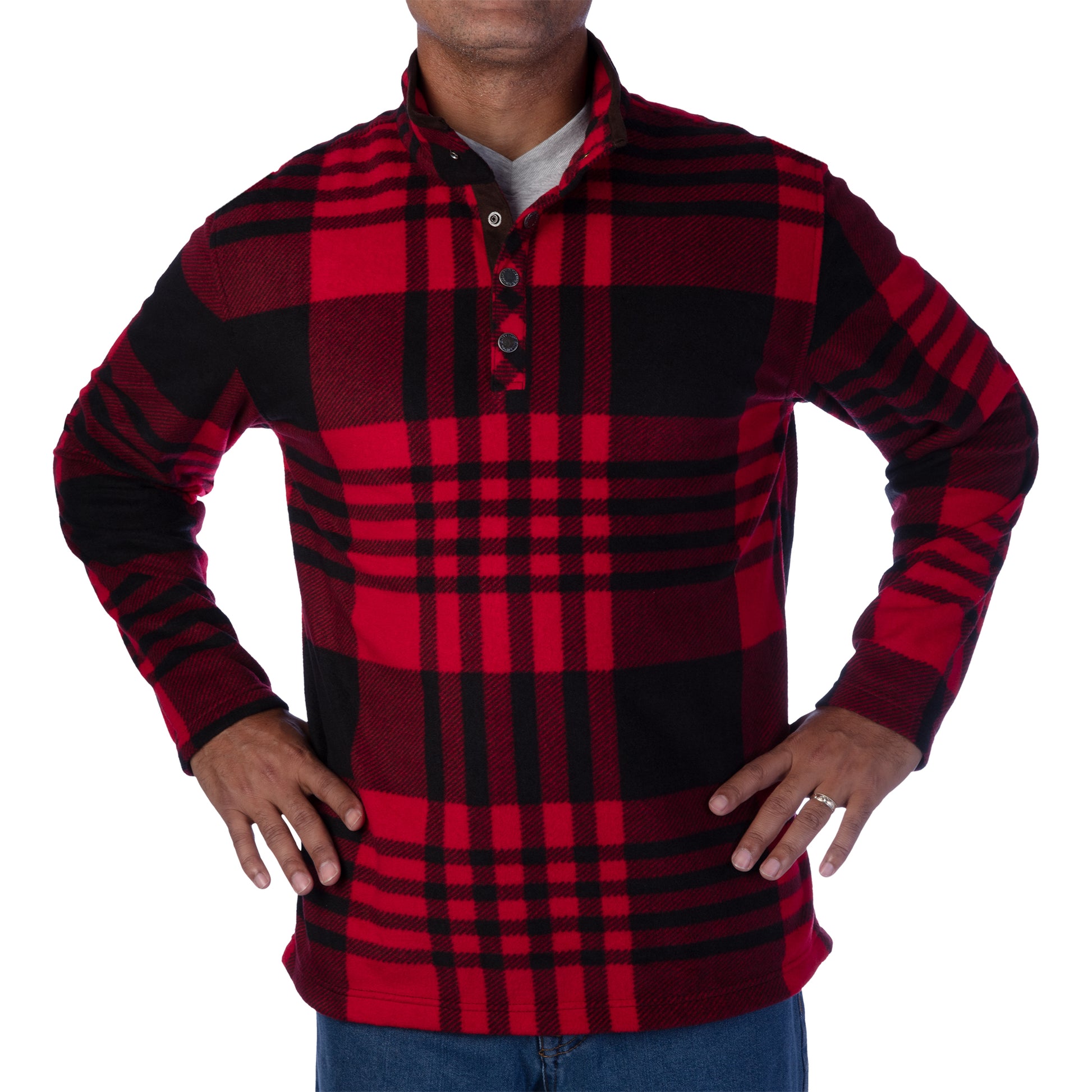 MENS PRINTED MOCRO FLEECE HENLEY WITH SUEDE FAUX NECK TRIM