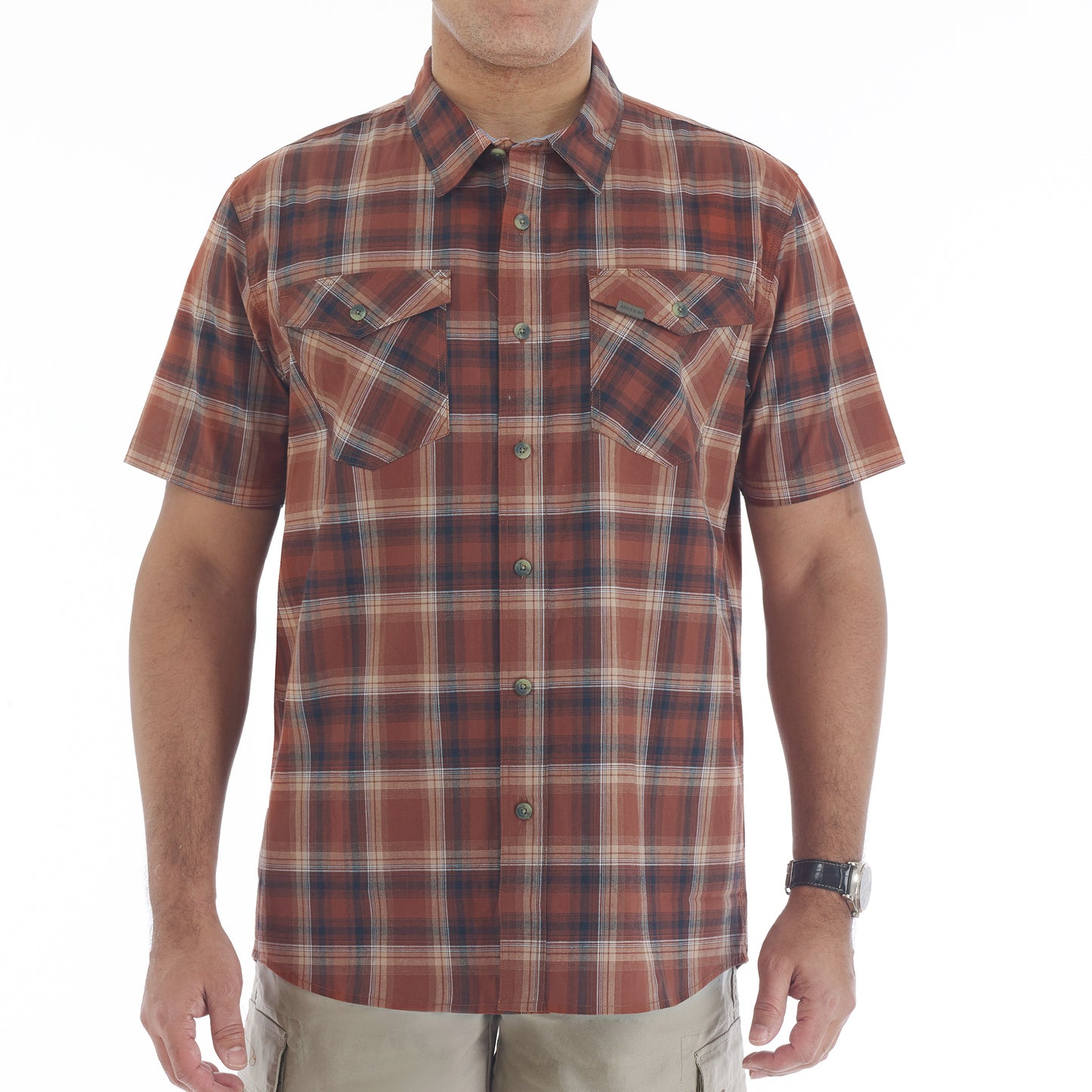 COTT/SPANDEX Y/D PLAID S/S SHIRT W/2 PKTS/FLAPS