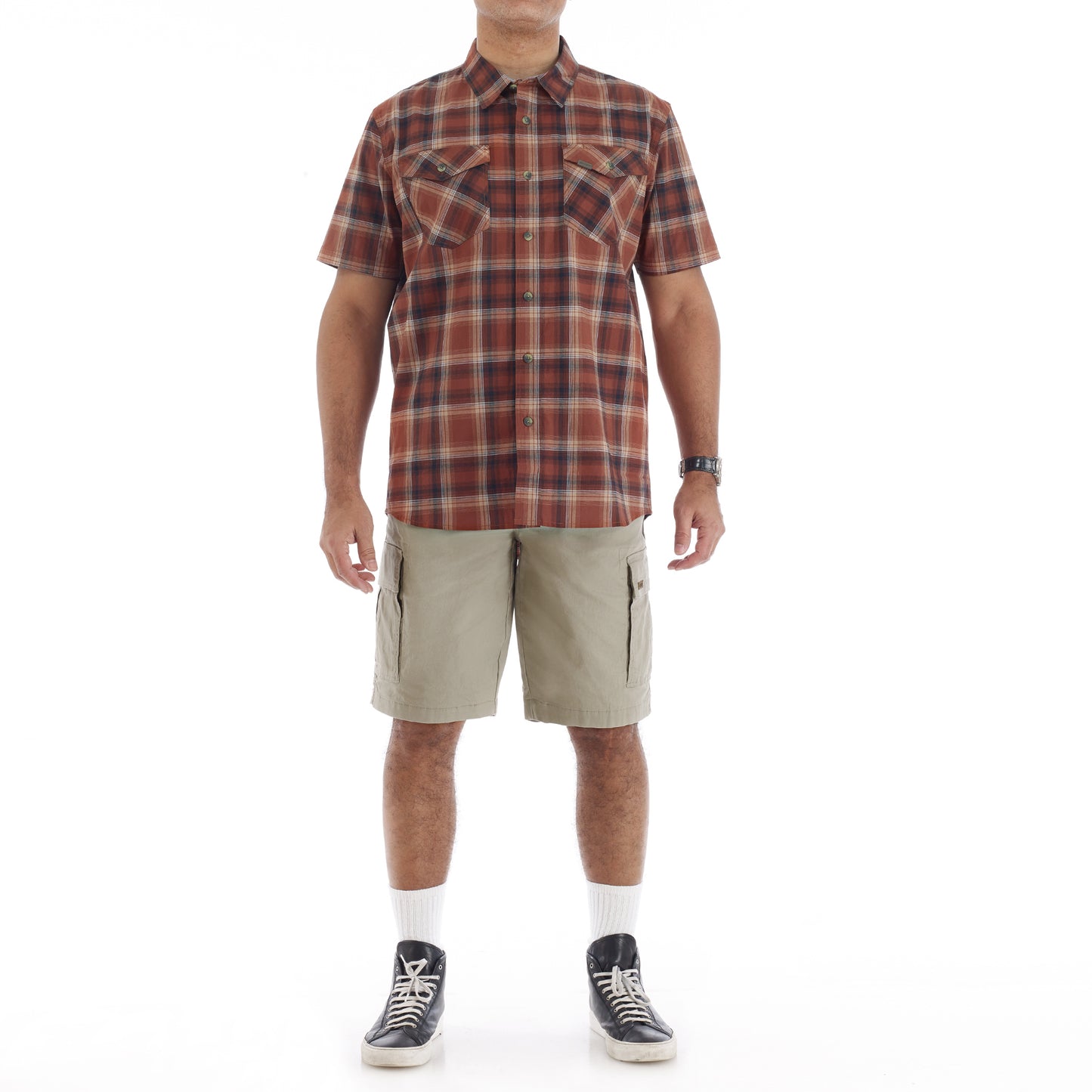 COTT/SPANDEX Y/D PLAID S/S SHIRT W/2 PKTS/FLAPS