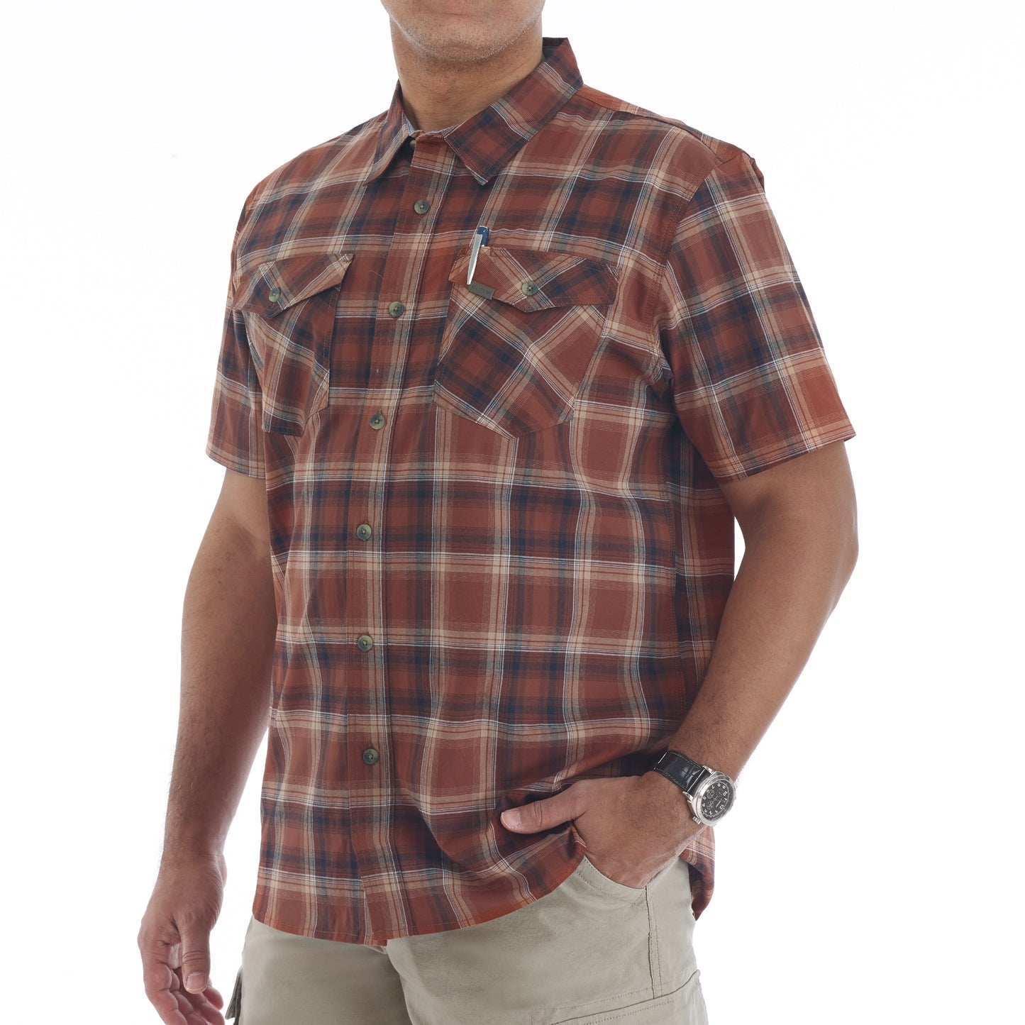 COTT/SPANDEX Y/D PLAID S/S SHIRT W/2 PKTS/FLAPS