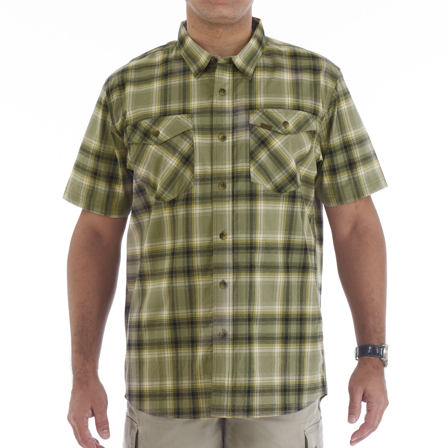 COTT/SPANDEX Y/D PLAID S/S SHIRT W/2 PKTS/FLAPS