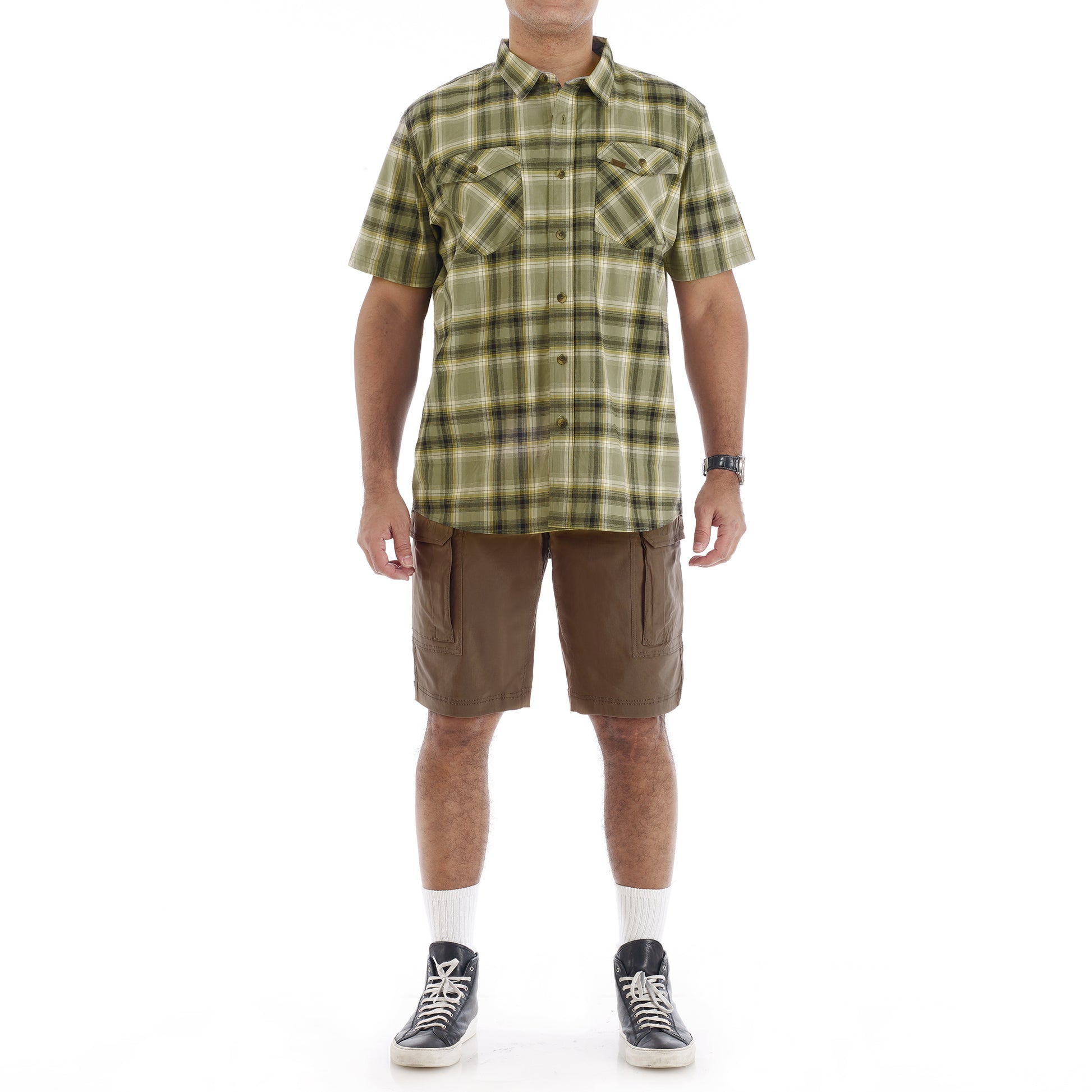 COTT/SPANDEX Y/D PLAID S/S SHIRT W/2 PKTS/FLAPS