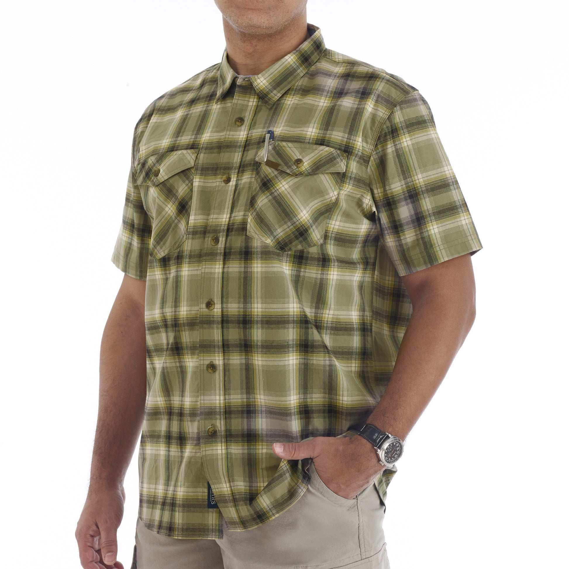 COTT/SPANDEX Y/D PLAID S/S SHIRT W/2 PKTS/FLAPS