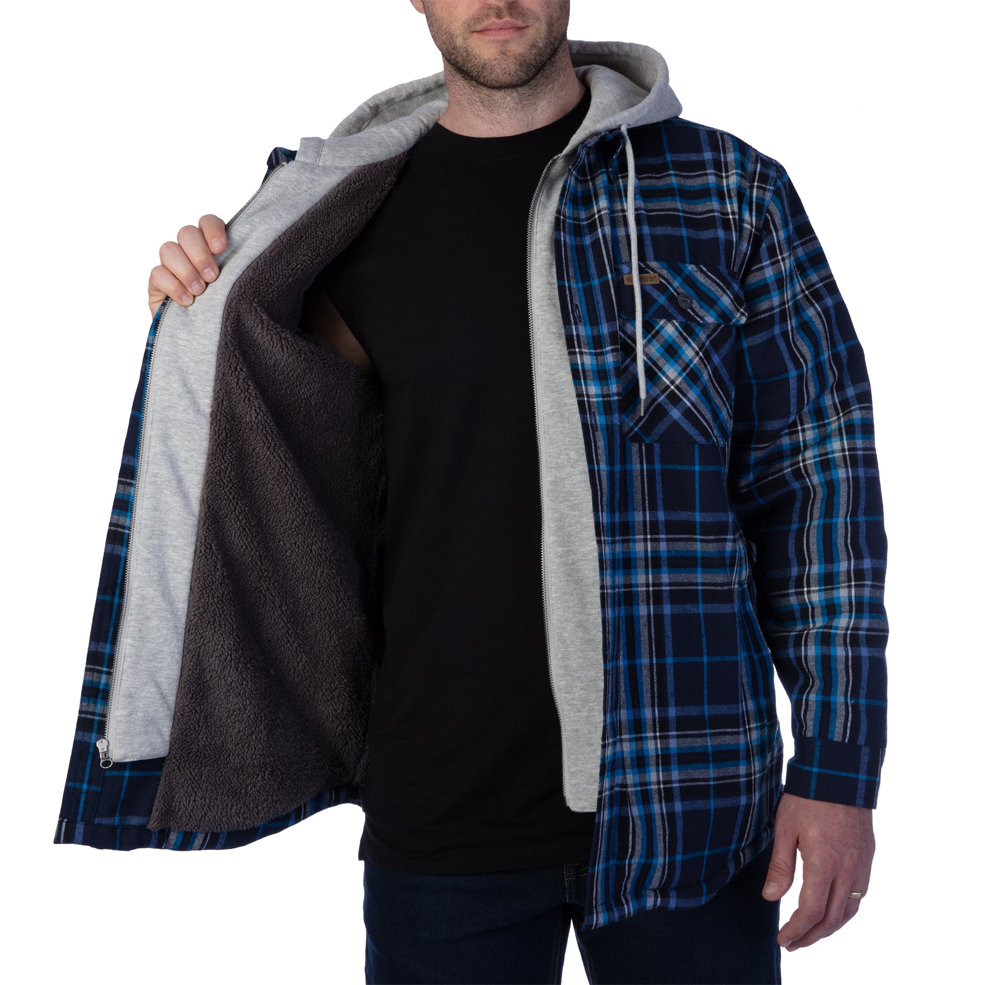 MENS SHERPA LINED HOODED FLANNEL JKT